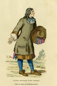 زي الفلاحين الفرنسي في القرن الثامن عشر. نقش بالألوان بعد طبعة من المكتبة الوطنية ، في "France et les francais a travers les years" لأوغستين شالميل ، محرر إف روي ، باريس 1882. مجموعة سيلفا. بواسطة المدرسة الفرنسية