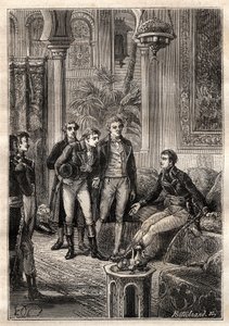 التقى فريدريش كونراد هورنمان (1772-1801) بنابليون بونابرت في القاهرة عام 1797 بحضور غاسبار مونج (1746-1818) وكلود لويس بيرثوليت (1748-1822) - رسم توضيحي مأخوذ من "البحارة العظماء في القرن الثامن عشر" بواسطة المدرسة الفرنسية