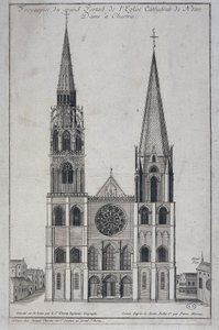 واجهة البوابة الكبيرة للكنيسة Cathedrale de Notre Dame à Chartres ، التي صممها في الموقع مهندس سانت فنسنت الجغرافي ، sd. القرن ال 19 بواسطة المدرسة الفرنسية