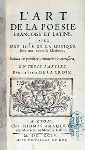 Frontispiece of The art of French and Latin poetry, with an idea of music under a new method by Pherotee La Croix بواسطة المدرسة الفرنسية