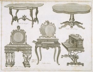 تصميمات الأثاث من تصميم Lefevre-Chauveaux ، من ألبوم Dessins de Meubles ، نقش بالأبيض والأسود بواسطة المدرسة الفرنسية
