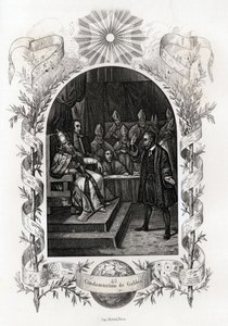 الجليل (أو جاليليو جاليلي (1564-1642)) قبل المكتب المقدس في الفاتيكان "" حكمت محكمة التفتيش على عالم الفلك في عام 1632. نقش لتوضيح تاريخ الباباوات لموريس لاكاتر (1814-1900) ، مكتبة التحرير ، باريس. بواسطة المدرسة الفرنسية