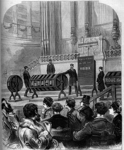 لعبة الحظ: سحب اليانصيب الوطني في قاعة الاحتفالات تروكاديرو في 6 يناير 1879 في باريس. نقش في "" Le Monde Illustré "" رقم 1140 بتاريخ 1 فبراير 1879. بواسطة المدرسة الفرنسية