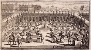 يعمل البستانيون في حديقة برتقالية ، من Le Parfait Jardinier ، أو Instruction pour les Jardins Fruitiers et Potager ، بقلم جان دي لا كوينتيني ، تم نشره عام 1695 بواسطة المدرسة الفرنسية