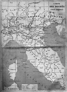 خريطة جغرافية لدوقة وسط إيطاليا عام 1860. نقش في "" Le Monde Illustré "" رقم 143 بتاريخ 7 يناير 1860. بواسطة المدرسة الفرنسية