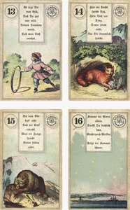 النسخة الألمانية من سطح Lenormand الفرنسي لطبقة Cartomancy: The Child ، The Fox ، The Bear ، The Star ، نشرتها Dondorf ، فرانكفورت ، القرن التاسع عشر بواسطة المدرسة الفرنسية