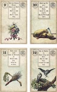 طبعة ألمانية من سطح Lenormand الفرنسي لكراتين: الزهور ، المنجل ، قضيب البتولا السوط ، الطيور ، نشرها Dondorf ، فرانكفورت ، القرن التاسع عشر بواسطة المدرسة الفرنسية