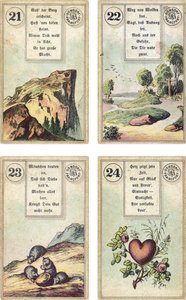 النسخة الألمانية من سطح Lenormand الفرنسي لطبقة Cartomancy: The Mountain ، The Road ، The Mice ، The Heart ، نشرها Dondorf ، فرانكفورت ، القرن التاسع عشر بواسطة المدرسة الفرنسية