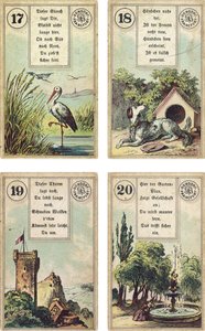 النسخة الألمانية من سطح Lenormand الفرنسي لسيطرة Cartomancy: The Stork ، The Dog ، The Tower ، The Garden ، نشرها Dondorf ، فرانكفورت ، القرن التاسع عشر بواسطة المدرسة الفرنسية