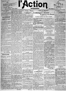 أعلنت ألمانيا الحرب على روسيا - الصفحة الرئيسية لصحيفة "العمل" اليومية بتاريخ 02/08/1914 ، صورة ، مجموعة. سيلفا. بواسطة المدرسة الفرنسية