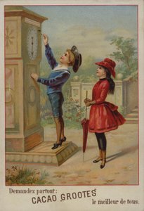 فتاة تراقب صبيًا يعدل الساعة (chromolitho) بواسطة المدرسة الفرنسية