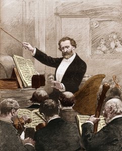 قاد جوزيبي فيردي أوركسترا الأوبرا إلى التمثيل الأول لـ "عايدة" في باريس عام 1880. بواسطة المدرسة الفرنسية