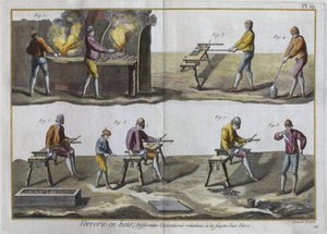 نفخ الزجاج ، رسم توضيحي من موسوعة العلوم والعدادات بواسطة دينيس ديدرو (1713-1784) منقوش بواسطة روبرت بينارد (fl.1734) المنشور c.1770 (نقش الألوان) (انظر أيضًا 326119) بواسطة المدرسة الفرنسية