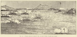 مناورات بحرية كبرى عام 1891 في ميناء طولون ؛ السرب يجبر المرور (نقش) بواسطة المدرسة الفرنسية