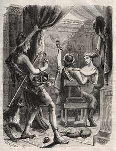 الأساطير اليونانية: "" صرخة باريس "". باريس تفاجئ هيلين مع بيريتانوس. نقش من عام 1871 في "Histoire Des Cocuses Celebres" لهنري دي كوك (1819-1892). بواسطة المدرسة الفرنسية