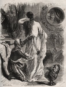 الأساطير اليونانية: يُظهر ملك Lydie Candaule (أو Caudale) زوجته عارية إلى صديقه المقرب Gyges ، ويختبئ في الظل عندما تفتح غرفة النوم. نقش من عام 1871 في "Histoire Des Cocus Celebres" لهنري دي كوك (1819-1892). بواسطة المدرسة الفرنسية