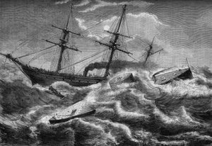 حرب الانفصال أو الحرب الأهلية الأمريكية (1861 - 1865): غرق "المراقب" ، درع الجيش الفيدرالي ، في 31 ديسمبر 1862 ، في ويلمنجتون (ساوث كارولينا). نقش في "Le Monde Illustre" رقم 304 بتاريخ 7 يناير 1863. بواسطة المدرسة الفرنسية