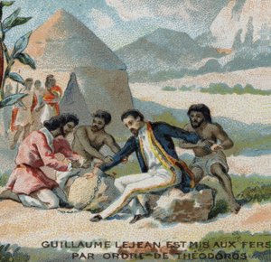 وُضِع غيوم ليجان ، المستكشف الفرنسي ، في الأغلال بأمر من الإمبراطور ثيودوروس من الحبشة (إثيوبيا الحالية). الطباعة الحجرية الملونة في القرن التاسع عشر. بواسطة المدرسة الفرنسية