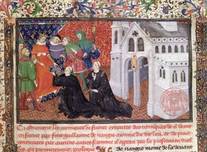 غيوم دي نانجيس (ت 130003) يقدم كتابه إلى فيليب الرابع (1268-1314) لو بيل ، ملك فرنسا من 1285-1314 بواسطة المدرسة الفرنسية