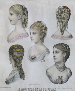 تسريحات الشعر ، رسم توضيحي من Le Moniteur de la Coiffure ، 10 ديسمبر 1879 (نقش ملون) بواسطة المدرسة الفرنسية