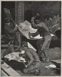 دق وتجميع قطع تمثال الحرية الذي صنعه فريدريك أوغست بارتولدي (1834-1905). نقش من عام 1880 في "" Les Arts et metiers Illustres "" لأدولف بيتارد. بواسطة المدرسة الفرنسية