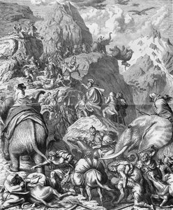 عبور حنبعل جبال الألب مع الفيلة للوصول إلى إيطاليا (الحرب البونيقية الثانية). نقش القرن التاسع عشر. بواسطة المدرسة الفرنسية