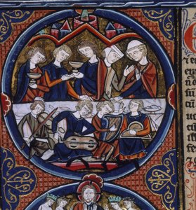 Harley 1527 fol.36v مأدبة مع موسيقيين ، من 