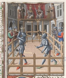 Harley 4375 f.171v ، فارسان يتصارعان مع بولاكس ، من "Valerius Maximus" ، حوالي 1473-80 (رق) بواسطة المدرسة الفرنسية