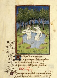 Harley MS 4431، f.132v، Miniature of Hermaphroditus و nymph Salmacis الاستحمام في بحيرة ، من L