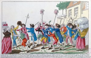 رؤساء اثنين من حراس الملوك الذين قتلوا في 5 أكتوبر 1789 في فرساي على يد الغوغاء الباريسيين يتم نقلهم إلى باريس بواسطة المدرسة الفرنسية