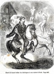 هنري الثاني (1519 - 1559) جعل الزنادقة يحترقون عند مدخله إلى باريس - في "تاريخ فرنسا" بقلم L.-P. Anquetil بواسطة المدرسة الفرنسية