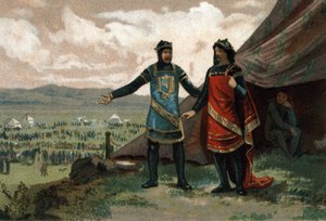 استقبل هنري الأول ، ملك فرنسا (1008-1060) دوق نورماندي روبرت الشيطان (المعروف أيضًا باسم Le Magnifique) وزوده بجيش لاستعادة مملكته. الطباعة الحجرية الملونة حوالي عام 1890. بواسطة المدرسة الفرنسية