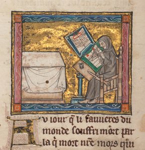 ناسك يكتبون على مكتب ، منمنمة من "Estoire del Saint Graal، La Queste del Saint Graal، Morte Artu"، c.1315-25 (حبر على ورق) بواسطة المدرسة الفرنسية