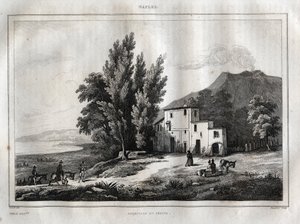 صومعة جبل فيزوف - ERMITAGE DU VESUVE NAPLES إيطاليا - نقش Vesuvio من "" إيطاليا الخلابة "- الرسم التاريخي والوصف لإيطاليا" بواسطة M. de Norvins ، الفصل. نودير 1834-1836. بواسطة المدرسة الفرنسية