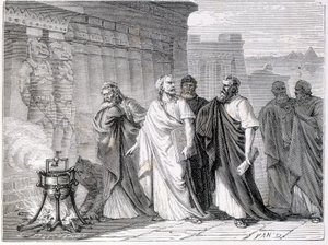مالك الحزين يختبر Eolipyle (غلاية محكمة الغلق مملوءة جزئيًا بالمياه الموضوعة على النار) أمام علماء مدرسة الإسكندرية - في "ألبوم العلوم ؛ علماء لامعون الاكتشافات العظيمة "" "1896. بواسطة المدرسة الفرنسية