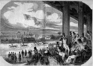 سباق الخيل في ميدان سباق الخيل شانتيلي عام 1858. بواسطة المدرسة الفرنسية