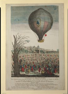 تجربة منطاد الهواء الساخن من قبل Montgolfier Brothers و Francois Pilatre de Rozier (1754-85) في ليون ، 19 يناير 1784 بواسطة المدرسة الفرنسية