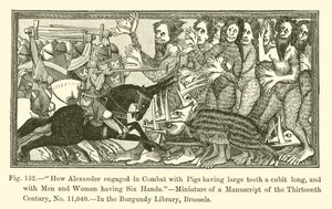How Alexander engaged in Combat with Pigs having large teeth a cubit long, and with Men and Women having six Hands (engraving) بواسطة المدرسة الفرنسية