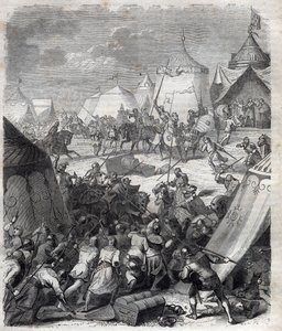 حرب المائة عام: معركة بواتييه (1356). نقش في "" تاريخ الباباوات (...) جرائم الملكة الملك والأباطرة عبر القرون "بقلم موريس لاشاتر بواسطة المدرسة الفرنسية