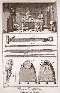الصيد - الصيد بالصقور - غذاء الطيور - النقش بواسطة Benard d'apres Goussier - "" الموسوعة الكبرى ، ou Dictionnaire Raisonne des Sciences، des Arts et des Metiers "(موسوعة أو قاموس العلوم والفنون والمهن) بقلم دينيس ديدرو ( 1713 بواسطة المدرسة الفرنسية