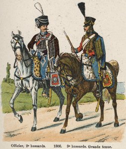 بائع الفرسان الأول An XII (24 سبتمبر 1803): ضابط ، فرسان 2 و 9 فرسان يرتدون ملابس رائعة في عام 1806. لوحة من كتاب Les Uniforms de l'Armee francaise بواسطة Lienhart و Humbert بواسطة المدرسة الفرنسية