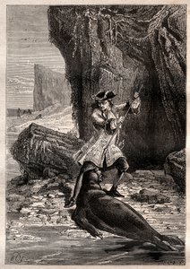دفعت الأشياء بأسمائها الحقيقية في صدره: هاجم وودز روجرز (1679-1732) كلب بحري (فقمة) في إحدى جزر غالاباغوس في المحيط الهادئ في عام 1709 - رسم توضيحي مأخوذ من "البحارة العظماء في القرن الثامن عشر" بواسطة المدرسة الفرنسية