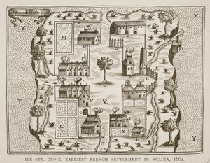 Ile Ste. كروا ، أول مستوطنة فرنسية في أكاديا ، 1604 ، من رحلات صموئيل دي شامبلين (c.1580-1635) ، 1613 بواسطة المدرسة الفرنسية
