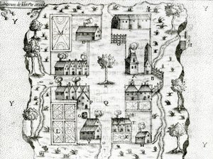 Ile Ste. كروا ، أول مستوطنة فرنسية في أكاديا ، 1604 ، من رحلات صموئيل دي شامبلين (c.1580-1635) ، 1613 بواسطة المدرسة الفرنسية