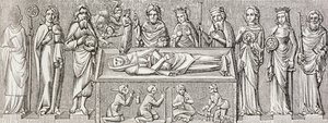 رسم توضيحي بعد النقش البارز على مقبرة إليزابيث في المجر ، من "الحياة العسكرية والدينية في العصور الوسطى" بقلم بول لاكروا ، لندن المنشورة 1880 بواسطة المدرسة الفرنسية