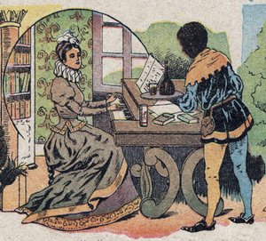 رسم توضيحي للحكاية "الجميلة والبيت": كانت محاطة بالاهتمام. نقش على صور كوين ، حوالي عام 1890. بواسطة المدرسة الفرنسية
