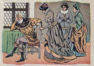 رسم توضيحي لحكاية "الجميلة والبيت": التاجر خسر من الألم. نقش على صور كوين ، حوالي عام 1890. بواسطة المدرسة الفرنسية