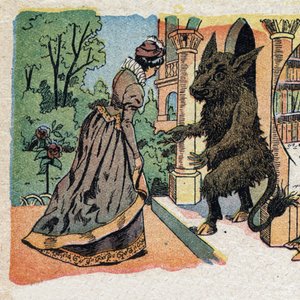 رسم توضيحي لحكاية "La Belle et la Bete": يصل الجميل إلى قلعة Bete. نقش على صور كوين ، حوالي عام 1890. بواسطة المدرسة الفرنسية
