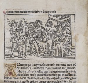 رسم توضيحي من Le Livre du Roy Modus et de la Reine Racio بواسطة Henri Ferrieres ، 1486 (قطع خشبية ونصوص) بواسطة المدرسة الفرنسية
