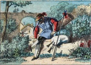 رسم توضيحي لخرافة جان دي لافونتين (1621-1695): أصبح الذئب راعياً. تصوير إبينال في أواخر القرن التاسع عشر. بواسطة المدرسة الفرنسية